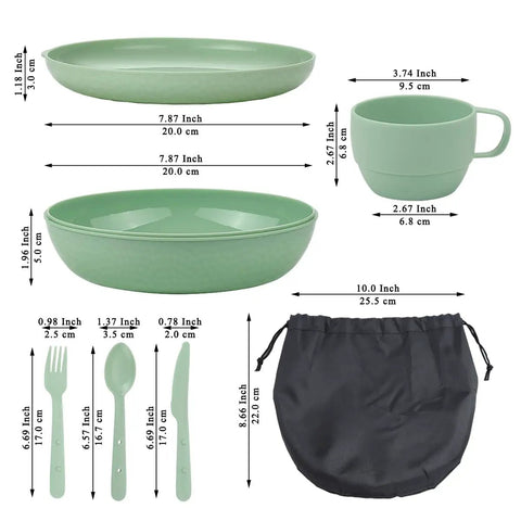 All In One 6-Piece Camping Mess Kit With Cup Plate Bowl Fork Spoon Knife And Carry Bag For Travel Picnic And Outdoor Adventures Grab And Go Friendly And Easy To Carry, green set with dimensions, lightweight design