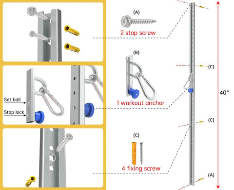 Heavy Duty Wall Mount Resistance Band Anchor Track with 40 inch adjustable rail and 1 workout anchor for home rehab