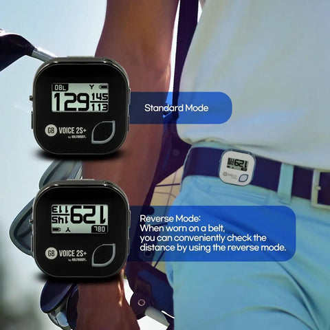 Talking Golf GPS Rangefinder With Clip On Hat Mount Slope Mode On Off One Button Precision Distances To Front Center And Back 18 Hour Battery Life Shot Distance Meter Preloaded With 40000 Courses Worldwide Black, showing standard and reverse modes.