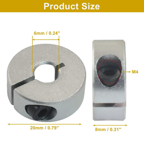 Cool 6MM Split Shaft Collar 4 Pack Aluminum Precision For 6Mm Rods Prevents Wobble On Machines And Robotics Solid Keeps Things Tight During Heavy Runs For Workshops And Diy Builders Seeking Metal Parts With Shine And Durability For Any Job. 6mm aluminum split shaft collar with M4 screw, 20mm x 8mm size shown