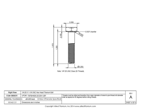 Pack Of 10 1/4-20 X 1-1/4 Grade 5 Titanium Hex Head Bolts detailed dimensions and specifications diagram.