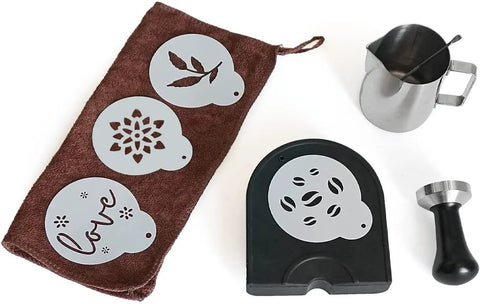 51mm Coffee Tamper Set for Portafilter Espresso Machines With 350ml Frothing Pitcher Tamper Mat Barista Towel Latte Art Pen Stencils