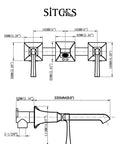 Technical drawing of heavy duty bathroom wall faucet built with solid brass, wall mount design with rough in valve, brushed gold finish.