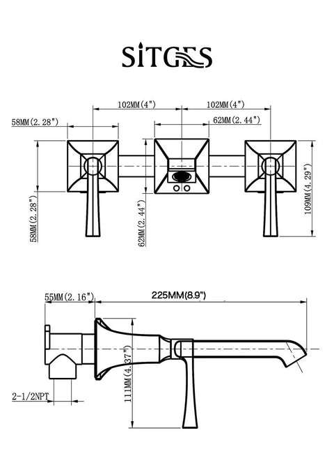 Technical drawing of heavy duty bathroom wall faucet built with solid brass, wall mount design with rough in valve, brushed gold finish.