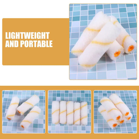 Twenty Piece Mini Paint Roller Kit Featuring Slick High Density Foam Covers Crafted For Tight Spots And Smooth Wall Jobs showing foam rollers stacked.