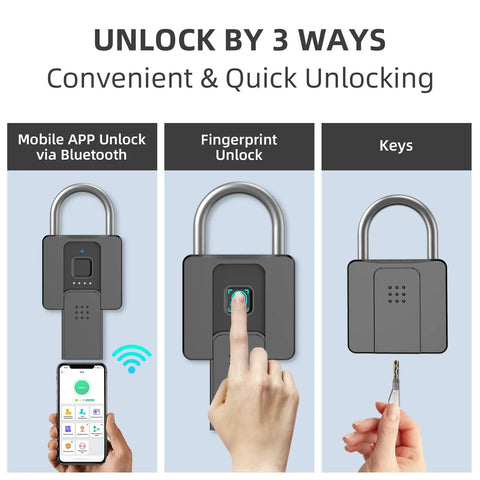 Heavy Duty Fingerprint Padlock With Bluetooth Outdoor Waterproof Smart Lock For Gates Fences Lockers Gyms Cabinets And Warehouses App Enabled 15 Fingerprints Includes 2 Keys showing app, fingerprint, and key unlocking methods