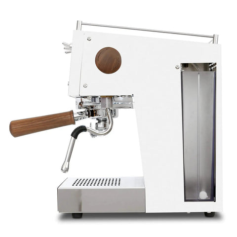Kickass Semi Professional Espresso Machine With PID Temperature Precision And Programmable Volumetric Controls Single Thermoblock in glossy white.