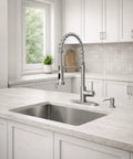 Pull Down Kitchen Faucet With Soap Dispenser Brushed Nickel Finish, modern kitchen sink setup with stainless steel waterways.