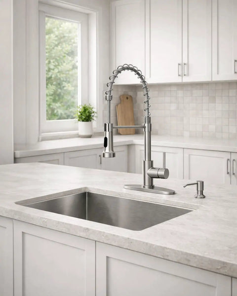 Pull Down Kitchen Faucet With Soap Dispenser Brushed Nickel Finish, modern kitchen sink setup with stainless steel waterways.