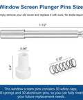 Top Tier Window Screen Plunger Latches With Snappy Aluminum Pins And Heavy Duty Coils For Patio Screens 5/32 Inch By 1 Half Inch Replacement Kit showing pin, cap, and spring sizes.