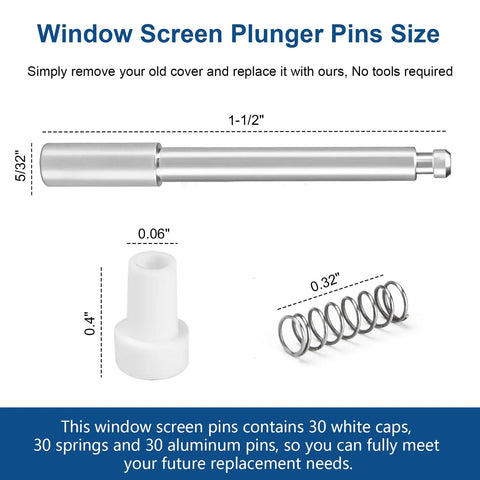 Top Tier Window Screen Plunger Latches With Snappy Aluminum Pins And Heavy Duty Coils For Patio Screens 5/32 Inch By 1 Half Inch Replacement Kit showing pin, cap, and spring sizes.