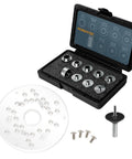 Killer Heavy Duty Ten Piece Router Template Bushing Guide Set With Centering Pin And Cone Tool For Smooth Sailing Woodworking, case with bushings and plate.