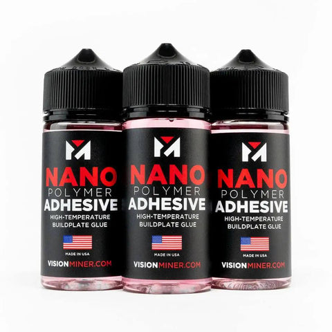 Three bottles of Nano Polymer 3D Printing Bed Adhesive for build plate no mess non toxic easy clean delivers killer bed adhesion 120ml