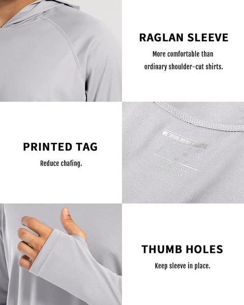 Gray XL Men's Hooded Rash Guard Long Sleeve UPF 50 Plus Sun Protection with raglan sleeves, printed tag, thumb holes.