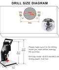 Front view of electric hinge drilling machine with base plate and 19.6-inch scale; includes drill-size diagram (45–9.5 mm, 48–6 mm).