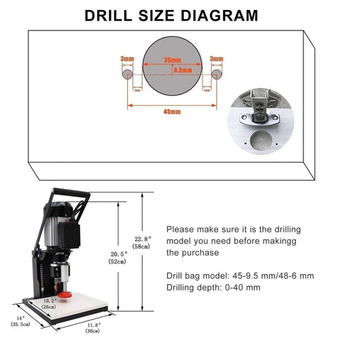 Front view of electric hinge drilling machine with base plate and 19.6-inch scale; includes drill-size diagram (45–9.5 mm, 48–6 mm).