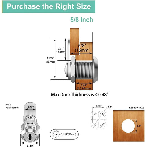 Dimensions and installation details for Beefy Heavy Duty Cam Lock Set For Doors Cabinets Mailboxes And Drawers 16 or 30mm