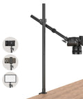 Overhead Desk Mount For Cameras And More Flexible Arm Stand with DSLR attached, showcasing 360-degree ball head for streaming and photography.