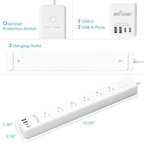 Smart WiFi Power Strip Surge Protector Packs Six Independently Switched Outlets and Four Fast Charging USB Ports with a Sleek Type C Adapter