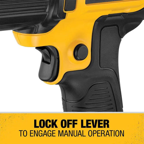 Close-up of Cordless Heat Gun With LED Light And Lock On Convenience, lock-off lever for manual operation.