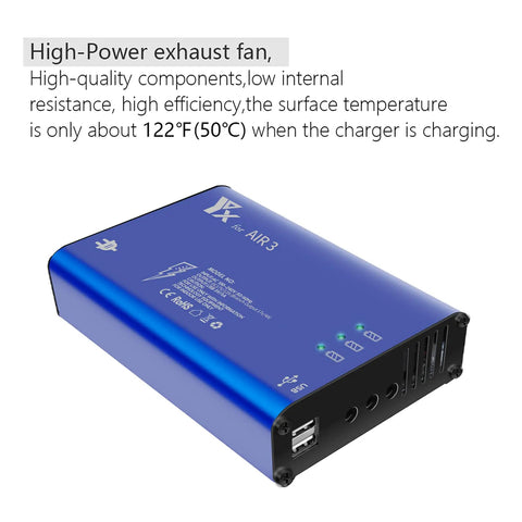 Parallel Fast Charger For DJI Air 3S And Air 3 Drones shown with blue casing and high-power exhaust fan, LED indicators visible