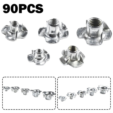 90 Piece Four Prong Tee Nuts Set Zinc Plated Steel Blind Captive Nuts For Wood And Particleboard Furniture DIY