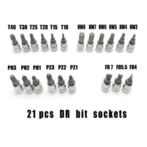 21-piece bit sockets from 46 Piece One Quarter Inch Drive Socket Ratchet Set For Auto And Home Repair, showing Torx and hex options