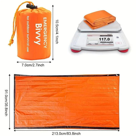 Emergency Sleeping Bag Portable Thermal Bivy Sack Waterproof Lightweight Survival Gear One Pack on scale and spread out