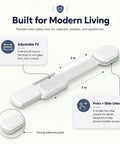 Product image of adjustable strap lock from Baby Proofing And Kid Proofing Essentials Outlet Covers Cabinet Locks Drawer Safety Latches Door Stoppers And Strap Locks White 6 Pack To Keep Curious Toddlers Safe In Cabinets Drawers Kitchen Fridge And More, showing dimensions and features.