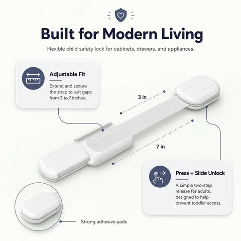 Product image of adjustable strap lock from Baby Proofing And Kid Proofing Essentials Outlet Covers Cabinet Locks Drawer Safety Latches Door Stoppers And Strap Locks White 6 Pack To Keep Curious Toddlers Safe In Cabinets Drawers Kitchen Fridge And More, showing dimensions and features.