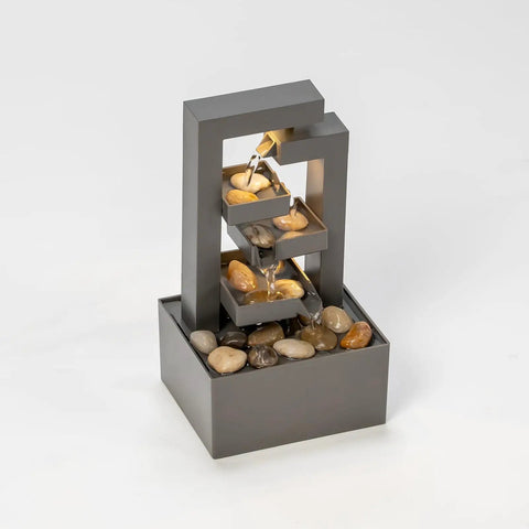 Small Desktop Waterfall Fountain 9.65 Inches For Desk Zen Vibes And Relaxation, 3 tier stone water feature with natural stones