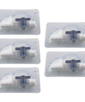 Six disposable medical 2-way stopcocks with luer locks, clear body and blue knob, in blister packs.