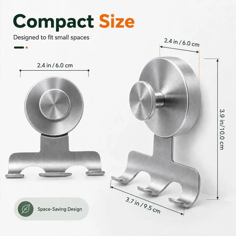 Two Pack Beefy Aluminum Suction Cup Razor Holder For Shower No Sweat Setup On Tile with size details in brushed silver.