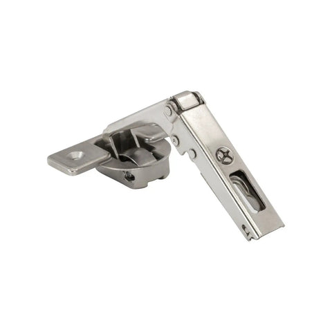 Two Pack Pie Cut Corner Overlay Hinges for Bi-Fold Cabinets, 70 Degree Self-Closing Concealed Doors, metallic hinge detail view