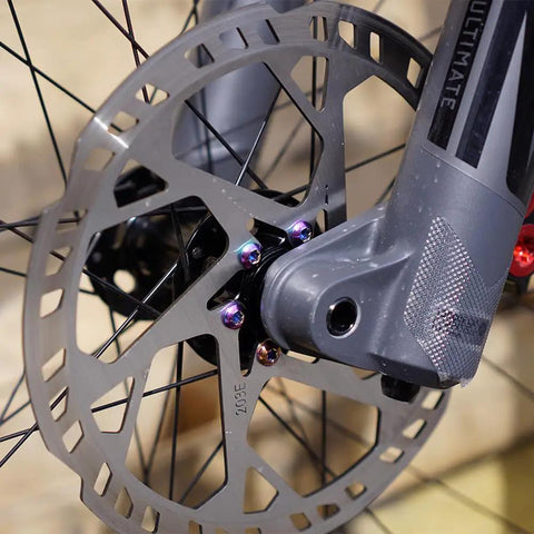 220mm Bike Disc Brake Rotor Thickened To 2.3mm With Rapid Heat Dissipation, Vented, on bike wheel with colored bolts