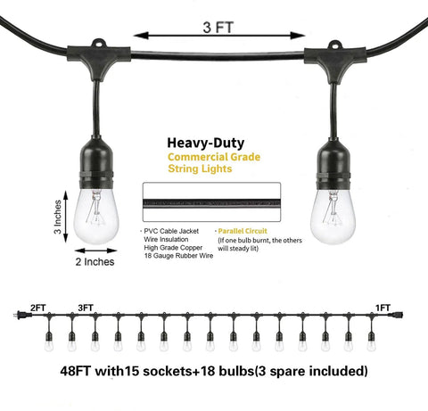Diagram of 48 Foot Outdoor String Lights With 15 11W Dimmable Edison Vintage Bulbs, showing length and socket spacing.
