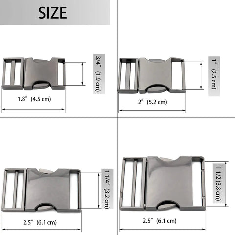 Four sizes of Tough Go To Quick Release Metal Buckle For Webbing Belts And Bags Zinc Alloy Gold Finish, shown in measurements.