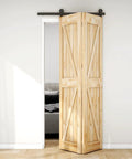 Front view of installed Built Tough Heavy Duty Bi Folding Sliding Barn Door Hardware Kit For Two Doors, 3.3 Feet Track.