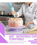 Chef using Purple Cake Decorating Kit With Rotating Turntable 14 Piece Essentials Including Piping Tips Reusable Bag for cake decoration