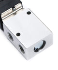 Base of Red Latching Mushroom Style Push Button One Quarter Inch NPT Pneumatic Control Valve 3 Way 2 Position Emergency Actuator