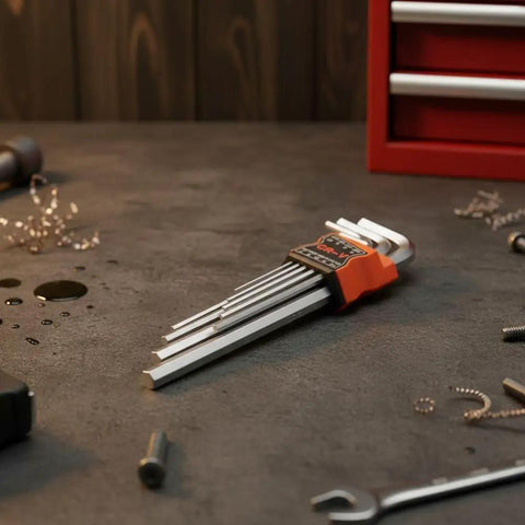 Super Cool 9 Piece Tamperproof Star Wrench Set T10 To T50 With Long Arm Chrome Vanadium Steel For Heavy Duty DIY Home And Auto Repair Jobs That Really Hit The Mark Every Single Time, 9-piece tamperproof Torx wrench set on workbench