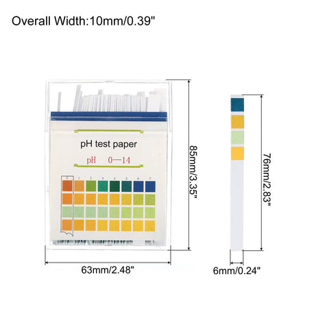 pH Test Strips 0 To 14, 100 Indicator Papers Litmus Tester Kit dimensions and color scale chart