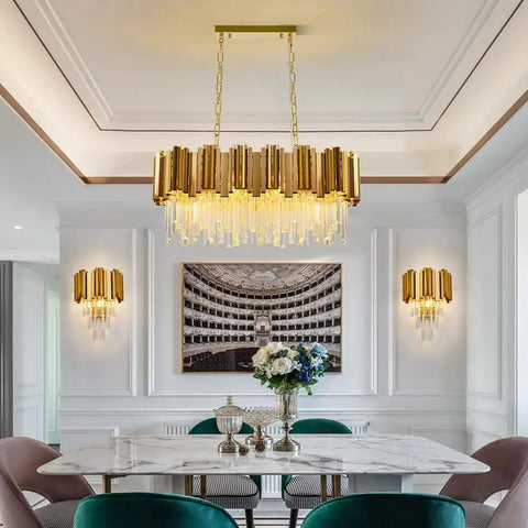 Crystal Wall Lamp Mid Century Modern Gold Sconce Light in elegant dining room setting with antique gold finish and crystal glass accents.