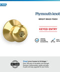 Keyed Entry Door Knob in Bright Brass Finish with Self Aligning Screws, Includes Lockset and Two Keys for Quick Easy Installation
