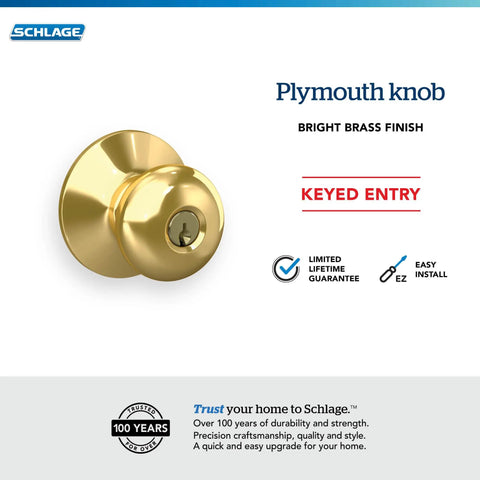 Keyed Entry Door Knob in Bright Brass Finish with Self Aligning Screws, Includes Lockset and Two Keys for Quick Easy Installation
