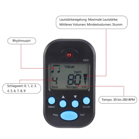 Front view of Mini LCD Digital Metronome With Clip And Lanyard Hole Pocketable Tempo Device for Guitar Piano Drums Black display BPM.