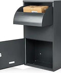 Beefed Up Galvanized Steel Parcel Mailbox With Lock And Anti Theft Design, open to show delivery slot and package inside, grey