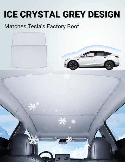 Motrobe Tesla Model Y sunshade roof in ice-crystal grey; foldable glass sunroof cover for 2020-2024 Model Y