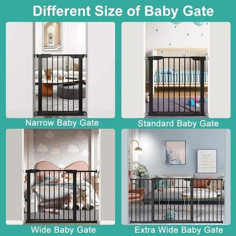 Different sizes of baby gates, including Extra Wide Baby Gate With Extensions, Walk Through Safety Gate for large openings.