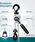 Compact Manual Chain Hoist One Quarter Ton 550 Lb Capacity With 5 Ft Lift Come Along For Small Machines Engines And Equipment, Handy Portable Hand Lifter For Tight Spaces And Field Work. Steel hook, safety latch and handwheel